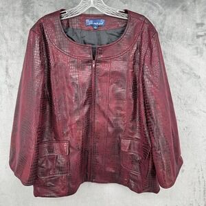 Susan Graver Burgundy Croc Embossed Faux Leather Jacket Size Large